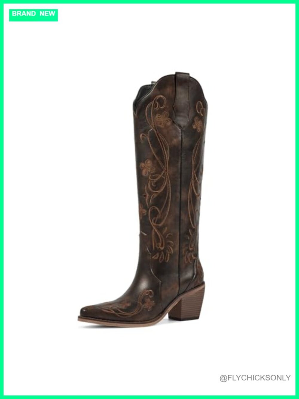 Knee High Cowboy Boots Pointed Toe Floral Embroidery Faux Leather Western